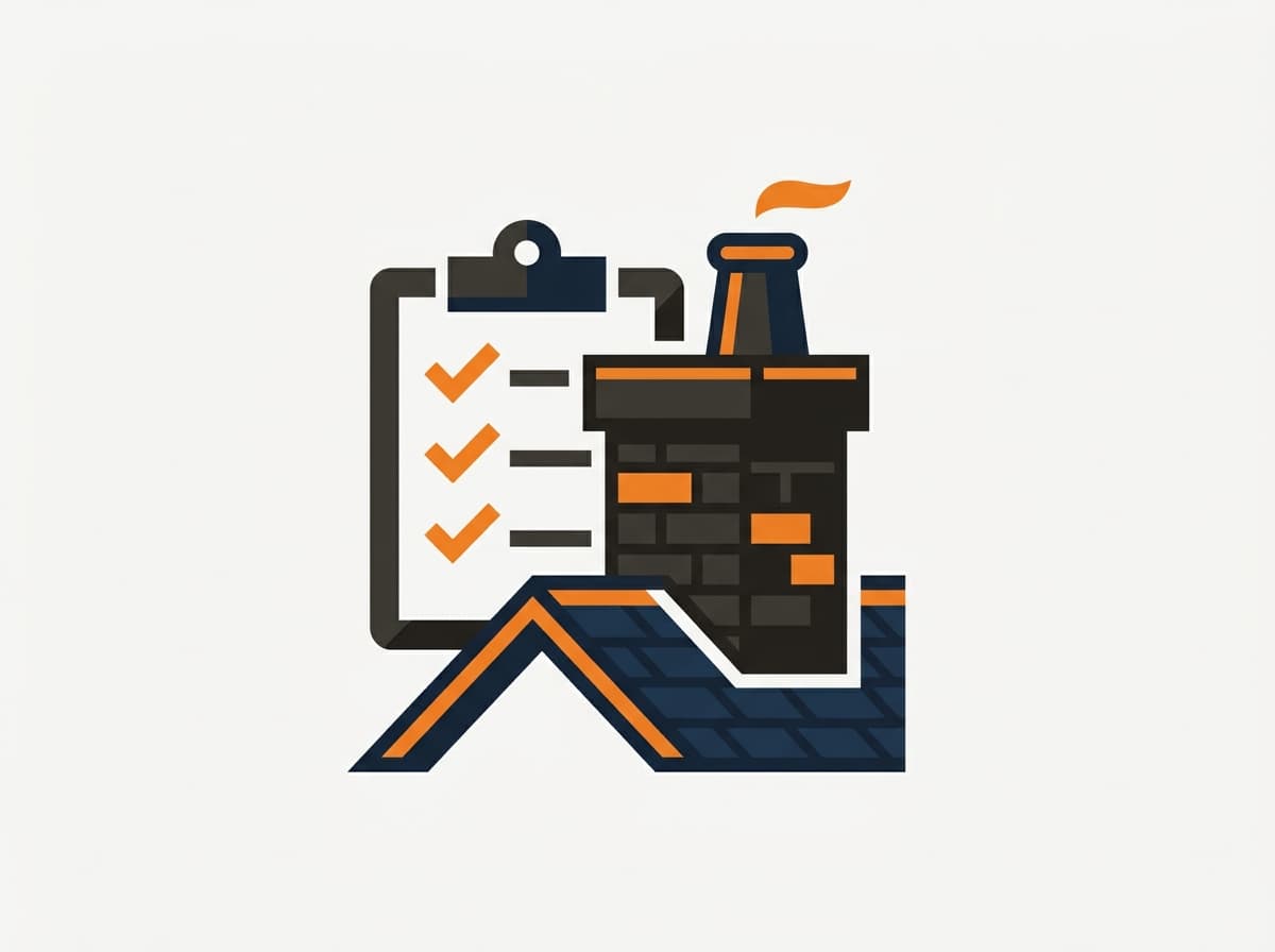 Illustration representing a chimney safety inspection checklist — a clipboard with ticks beside a brick chimney stack and pot.