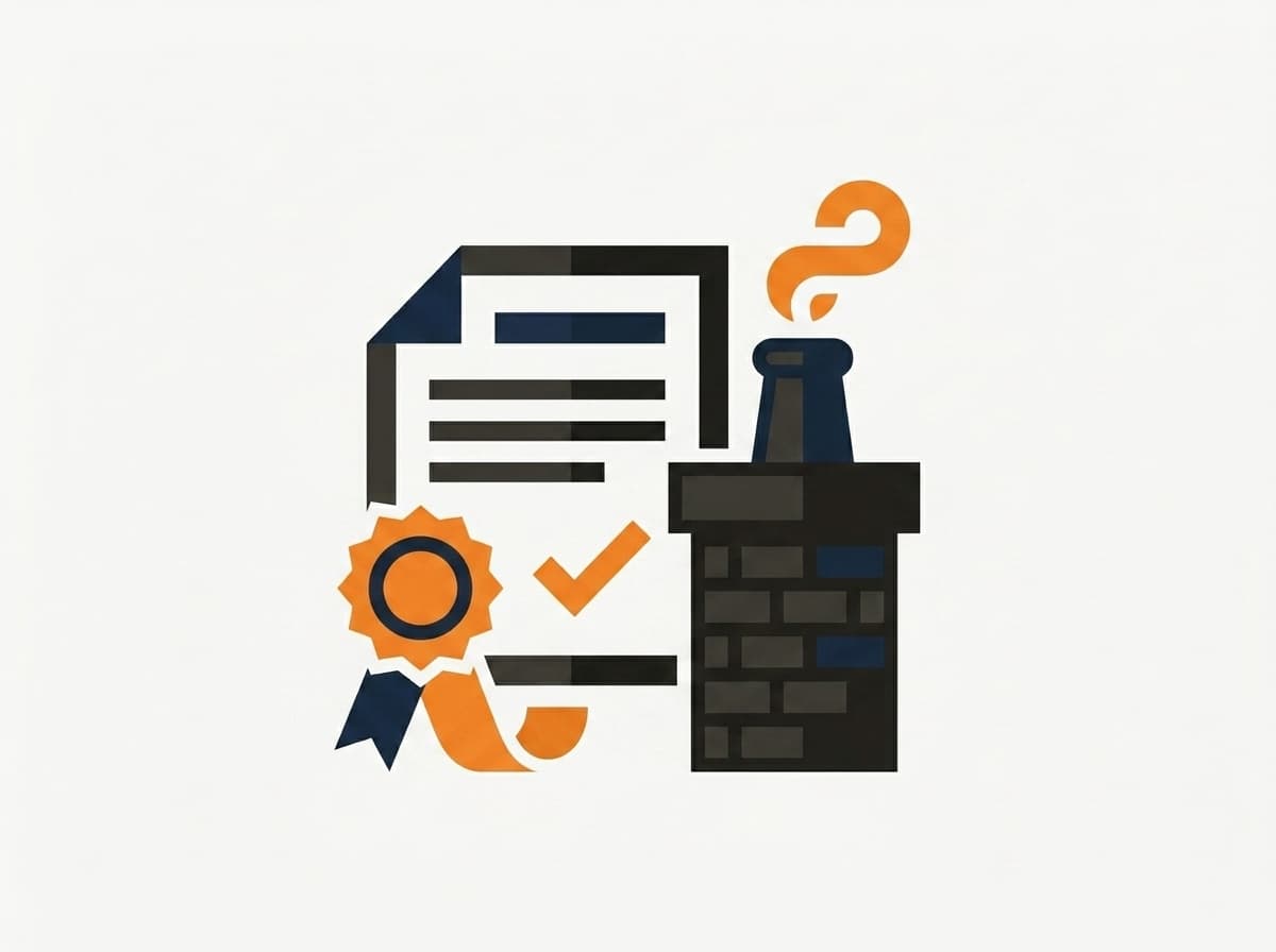 Illustration representing chimney smoke testing and certification — a certificate with a rosette seal beside a chimney emitting a stylised curl of smoke.