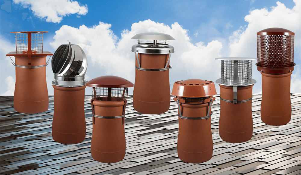 A selection of chimney cowls and bird guards of different styles shown fitted to chimney pots on a tiled roof.