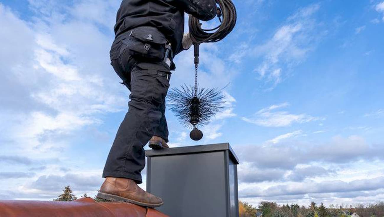 A weighted sweeping brush being lowered into a metal flue on a rooftop against a clear blue sky.